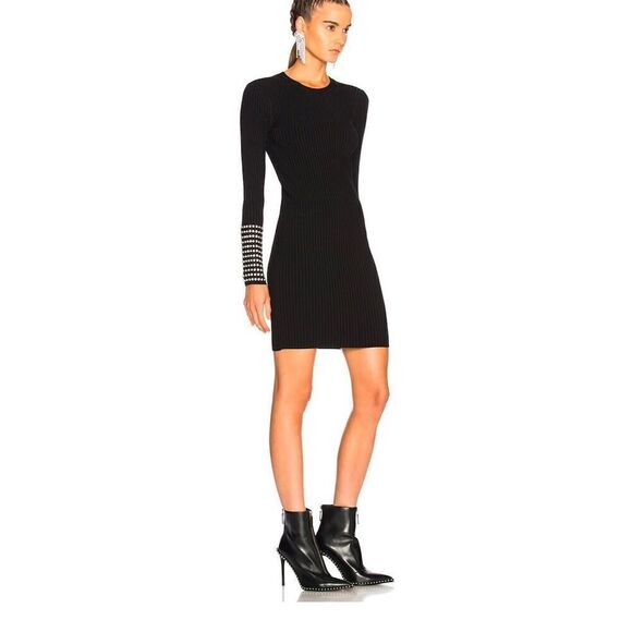 Alexander Wang Black Long Sleeve Bodycon Dress Crystal Cuffs Size L - Picture 2 of 11